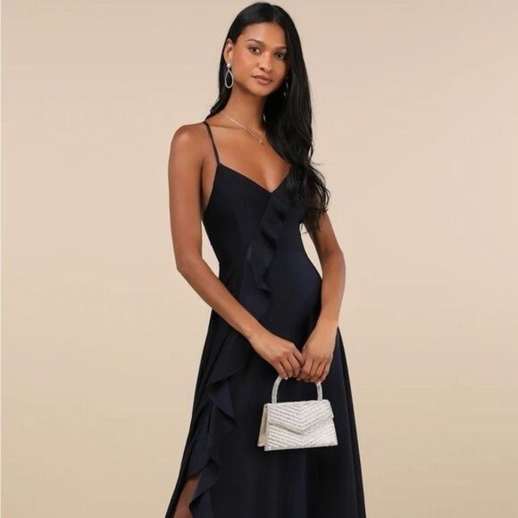 Lulus Stylish Grace Navy Blue Backless Lace-Up Ruffled Maxi Dress Size Small NEW - Picture 12 of 12